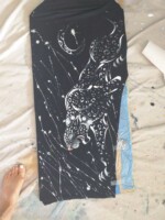 Long black skirt ainted with silver leopard, splashes and swarovski crystals