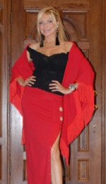 Long red skirt, painted leopard buttons, red stole