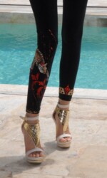 Red and leopard abstract leggings with copper splashes