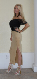 Tan long skirt with gold stamps and studs
